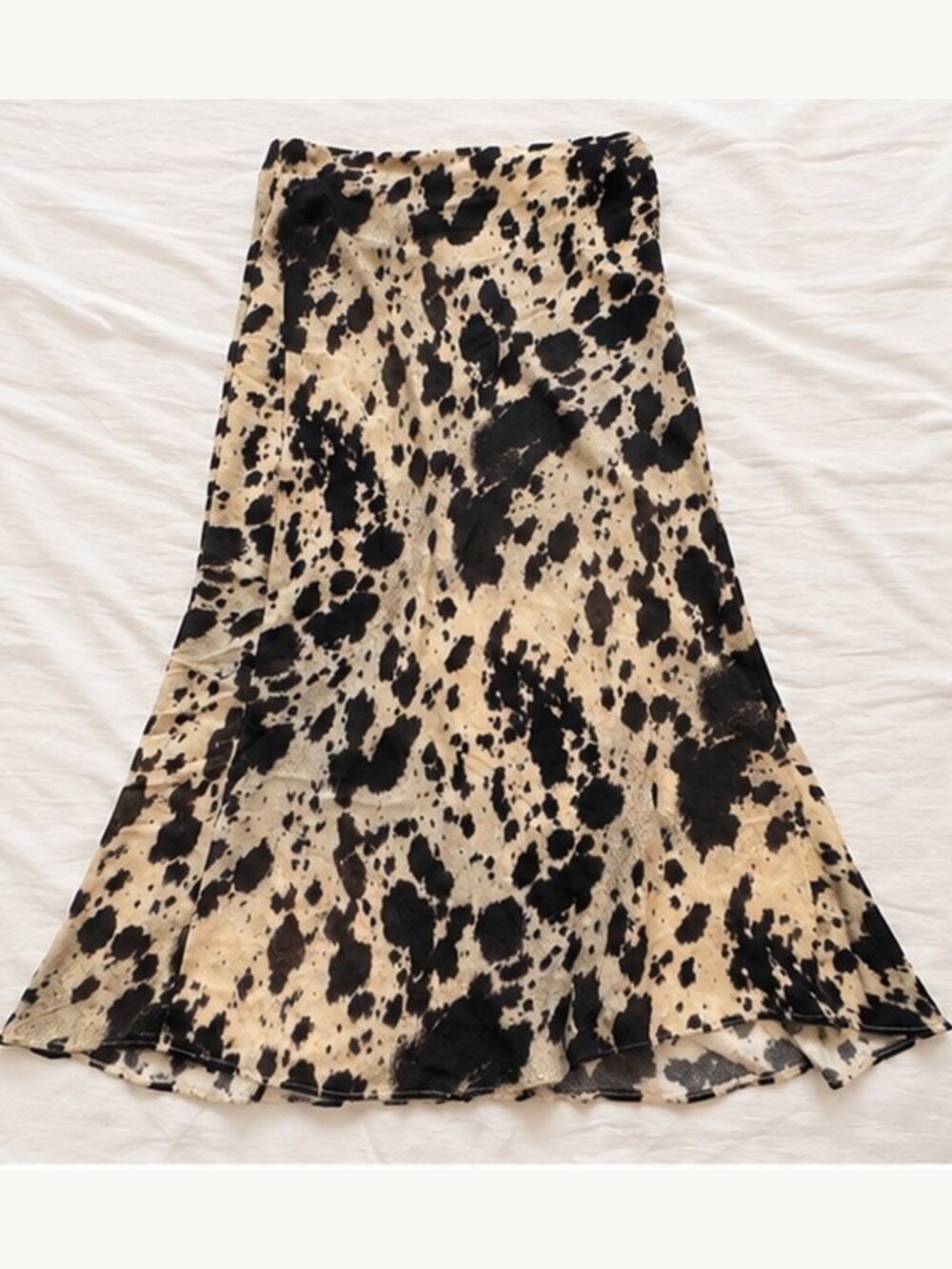Zara Animal Print Satin Midi Skirt Cow Print XS